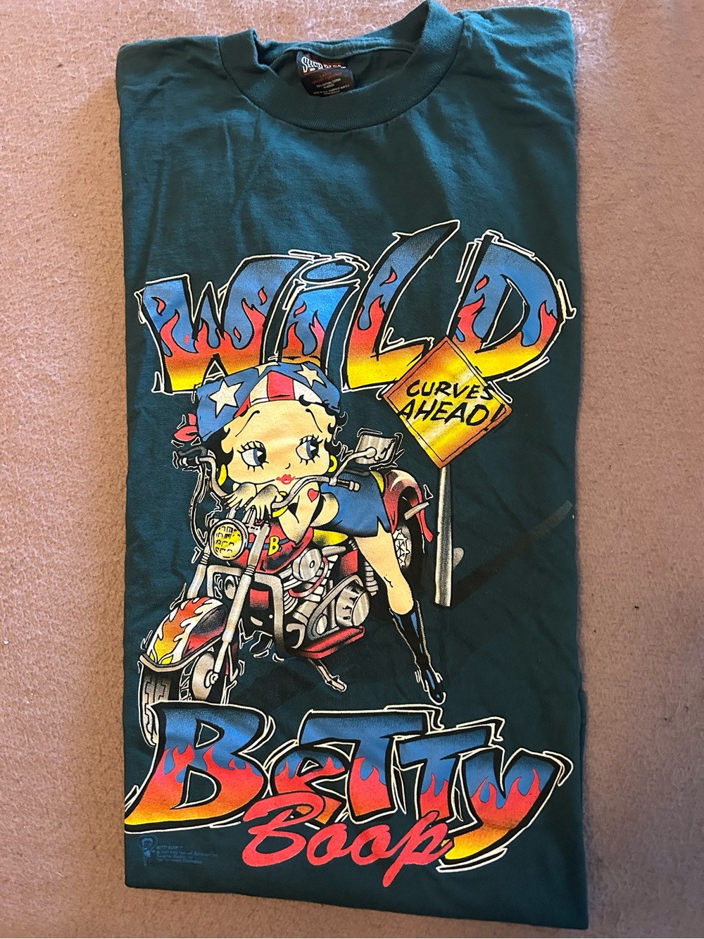 Betty Boop Teal Short-Sleeve Tee with Multicolor Motorcycle Graphic